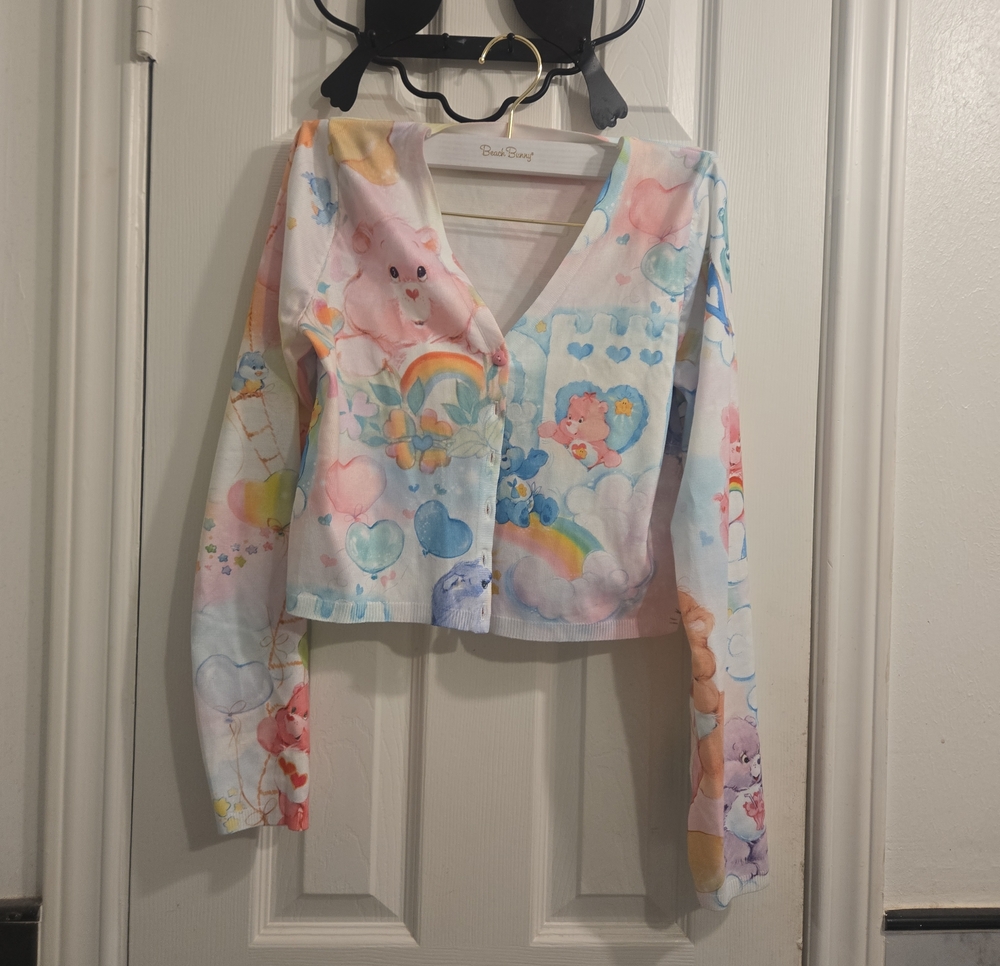 Dolls Kill Pastel Care Bears V-Neck Cropped Cardigan - Pink, Blue, Yellow